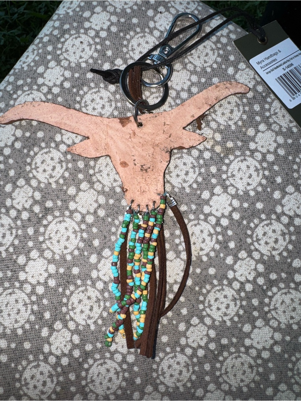 MYRA ARROYO BULL HANDTOOLED LEATHER KEY FOB IN HONEY AQUA BEADED - Picture 3 of 3
